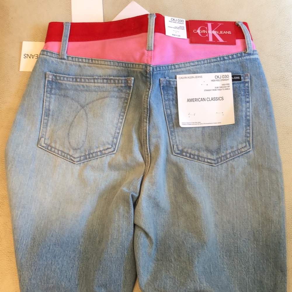 Calvin Klein Jeans high Rose Straight Blue Jeans with pink/red at waist - Picture 9 of 11